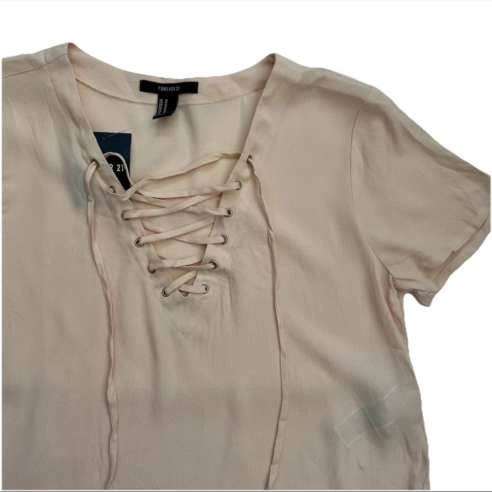 NWT Forever 21 Womens Short Sleeve Lace Up Front Blouse Top M Sheer Pink Boho